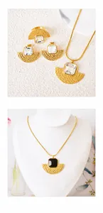 Detail showing fan-shaped gold jewelry set with rectangular gemstones on a model neck