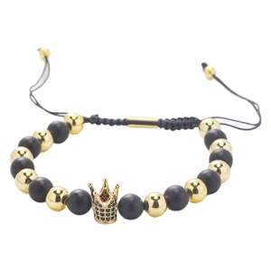Handmade adjustable crown bead bracelet with black matte stones and gold brass accents