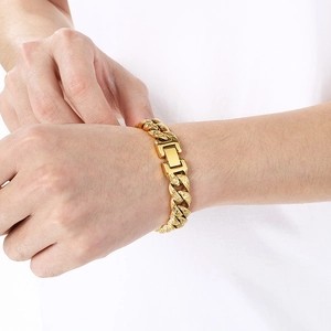 Men's retro gold-plated 13mm Cuban chain bracelet with vintage floral pattern engraving