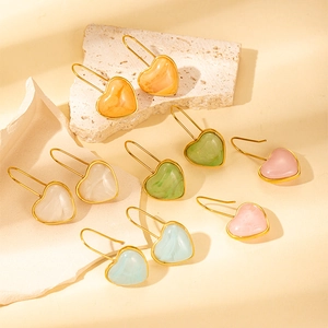 Colorful heart-shaped titanium steel earrings with marble texture in various vibrant shades
