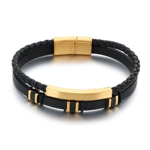 Double-layer black braided leather bracelet with golden stainless steel magnetic clasp