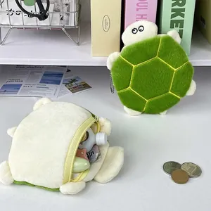 Plush turtle coin purse with green shell and metal keychain clip for storage