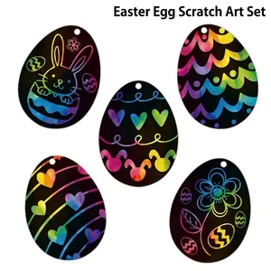 Easter Scratch Art Egg Kit Rainbow DIY Paper Craft With Bamboo Stylus And Ribbons For Kids Holiday Party Decoration