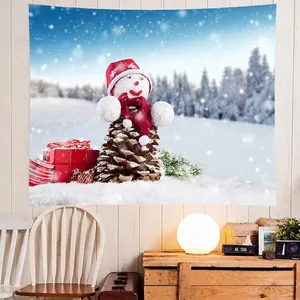 Detail of Christmas tapestry featuring pinecone snowman and festive winter forest scene