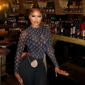 Sexy mesh long sleeve bodysuit with letter print and heart rhinestone crossbody bag