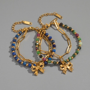Vintage lapis beads bracelet set with stainless steel bow charm and gold finish