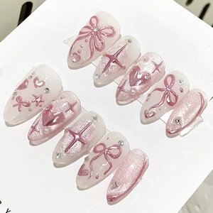 Faux ongles faits main avec nœuds 3D, effet œil de chat et strass roses, lot de 10