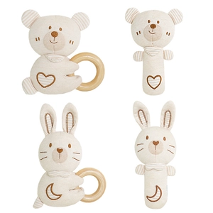 Organic cotton baby rattle set with bear and bunny designs and natural wooden rings