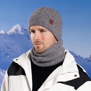 Men's winter knit beanie and neck warmer set with fleece lining for outdoor protection