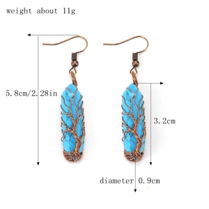 Detailed view of wire-wrapped tree of life earrings with turquoise hexagonal stone