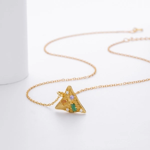 Detailed macro view of S925 silver necklace with triangle pendant and colorful gemstones