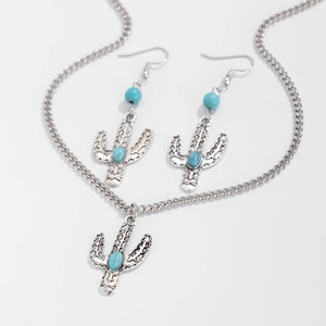 Detailed view of silver cactus jewelry set with turquoise beads on white background