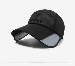 Detail of black breathable mesh baseball cap with retractable side visors for sun protection