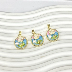 Artistic enamel flower pendant with pearl accent and vintage oil painting style