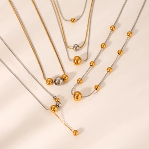 Contrast bead pendant stainless steel snake chain necklaces in gold and silver finish