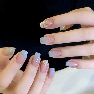 Glossy Gradient Blue Pink Press On Nails Long Square Fake Nails With Glitter And Rhinestones For Women Girls Sweet Style