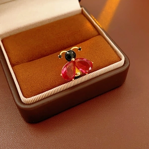 Macro shot of vintage gold bee brooch with ruby stones in a premium jewelry box