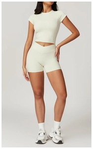 Detail of eco-friendly quick-dry yoga set featuring ribbed knit texture and high-waist fit