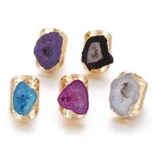 Natural Geode Agate Druzy Crystal Ring Hammered Gold Plated Adjustable Open Bohemian Irregular Statement Jewelry