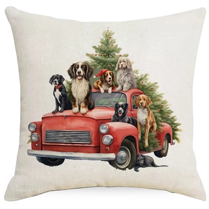 Housse de coussin de Noël avec vieux camion rouge et chiens sur fond de tissu en lin