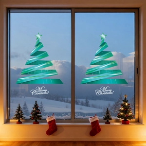 Christmas Window Clings Static Cling PVC Green Ribbon Christmas Tree Decals For Glass Window Shop Home Holiday Decoration