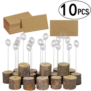 Set of 10 natural wood card holders with metal spiral clips and kraft paper cards