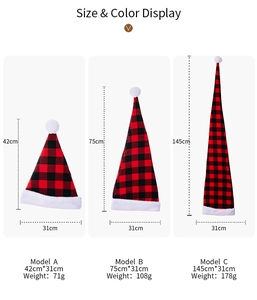 Tableau de tailles pour chapeaux de Noël à carreaux rouges et noirs en trois longueurs