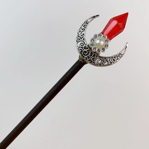 Crystal moon fairy wand hair pin with silver crescent and red gemstone detail