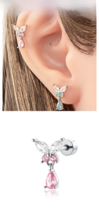 Detailed view of titanium steel butterfly earrings with zircon and teardrop pendants