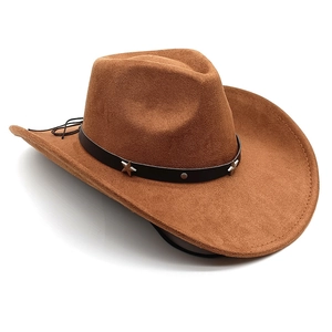 Detailed side view of a brown faux suede cowboy hat featuring star-studded band