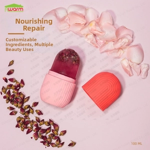 Detail showing facial ice roller with frozen rose petals in pink silicone holder
