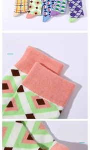 Close-up of elastic cuffs and anti-slip heel design on geometric cotton socks