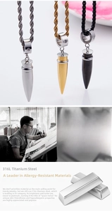 Detail of 316L titanium steel bullet pendant necklace with cubic zirconia link and chain