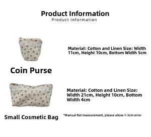 Size chart for floral cotton linen coin purse and cosmetic bag with zipper detail