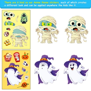 Detail view of 6 Halloween DIY sticker sheets featuring mix-and-match ghost and mummy faces