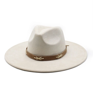 Detail of beige fedora hat with brown leather band and white cross-stitch pattern