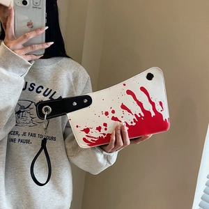 Creative white meat cleaver handbag with red blood splatter print and black handle strap