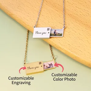 Envelope Photo Locket Necklace Stainless Steel Sliding Pull Out I Love You Engraved Memorial Pendant Jewelry Women Men