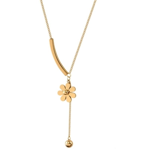 Elegant gold daisy necklace featuring geometric tubes and bead tassel for women