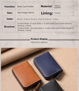 Close-up of vintage horse leather card holder featuring 18 slots and a smooth zipper