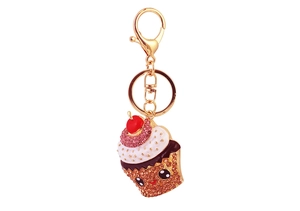 Detail of crystal rhinestone cupcake keychain with pink stones and cute smiling face