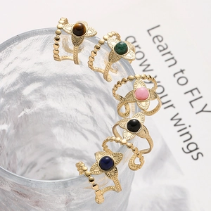 Double-layered gold flower rings with colorful stones and beaded bands for women