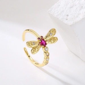 Adjustable dragonfly open ring with gold plating and colorful zircon stones