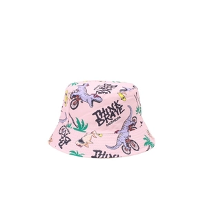 Pink kids bucket hat with dinosaur print and Think Brave California text on white background