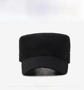 Close-up of black cotton flat top military cap featuring 3D SPORT embroidery detail