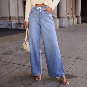 Vaqueros De Pernera Ancha Y Cintura Alta Con Cordón Pantalones De Denim Ajuste Holgado Streetwear Casual Para Mujer Azul Claro
