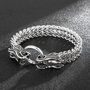 Detailed close-up of retro dragon head carvings on a steel wheat chain bracelet