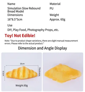 Dimensiones detalladas del juguete de cruasán de PU de 16cm de rebote lento para el estrés