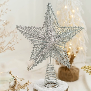Silver glitter Christmas tree topper star with spiral metal base for holiday decoration