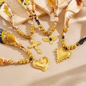Ethnic style stainless steel beaded silk scarf necklace set with gold heart and cross charms